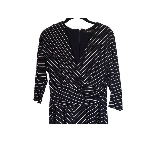 Lauren Ralph Lauren Dress Size 6 Blue White Striped 3/4 Sleeve V-Neck Faux Wrap - Picture 2 of 14